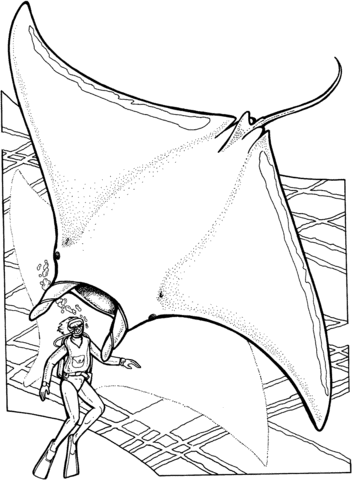 Manta Ray And Scuba Coloring Page